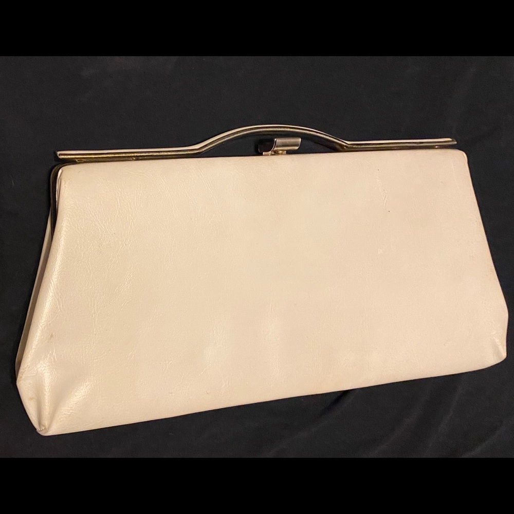 Vintage clutch purse, white with gold trim